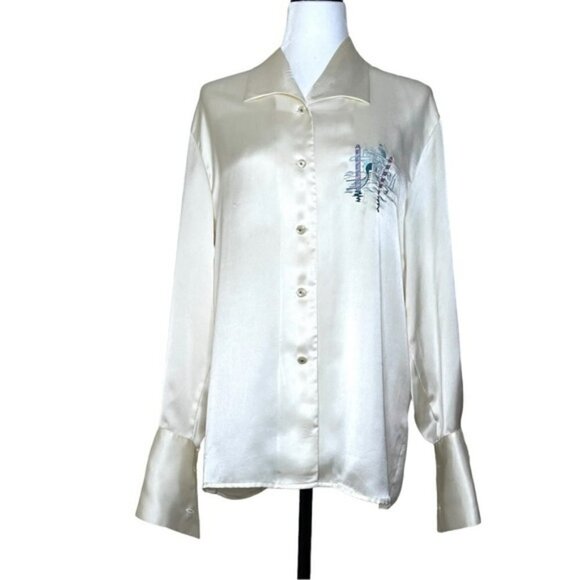 Yarell Vintage Cream Satin Button Up Shirt US 8 - Picture 1 of 8